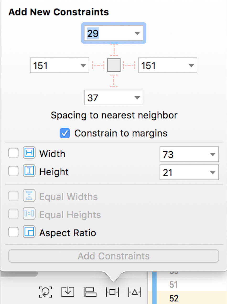 Xcode Auto Layout Toolbar and Add New Constraints Interface