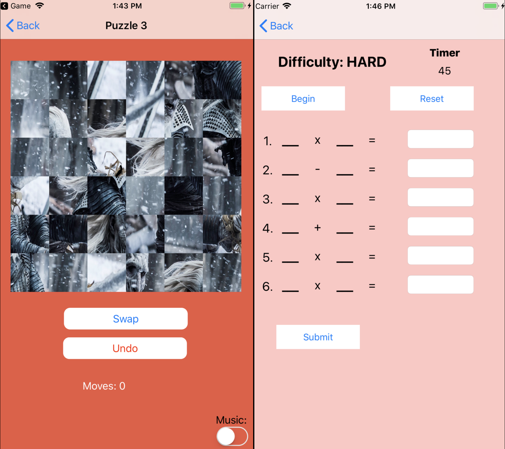screen captures from two final projects: an image-swapping app by Danielle Molinar and a timed-math quiz by Sydney Dorsey